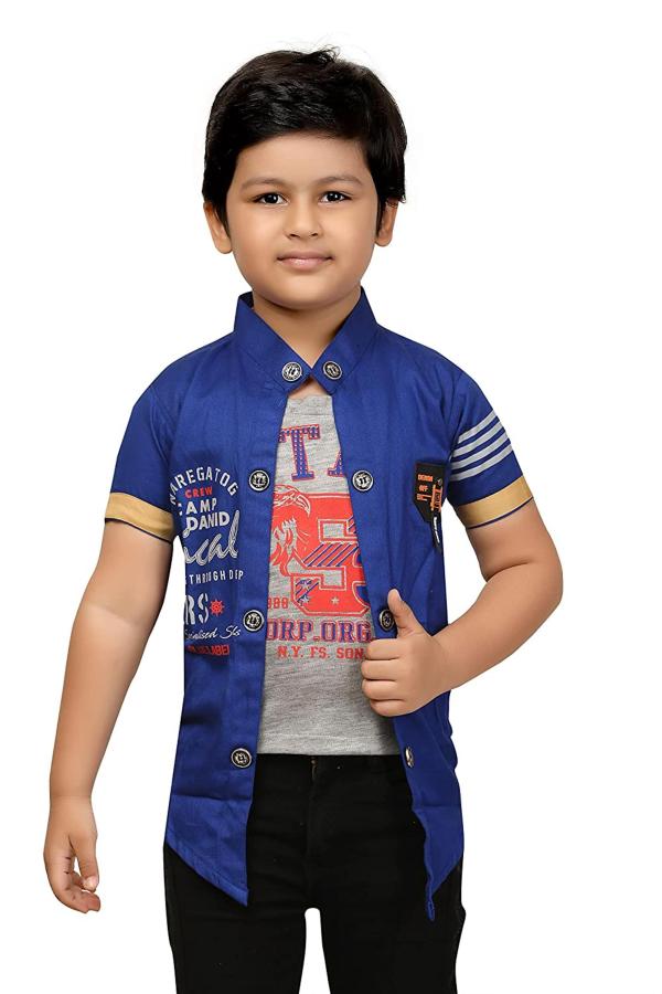 FASHION GRAB Boys Blue Printed Cotton Jacket With Attached Tshirt (5