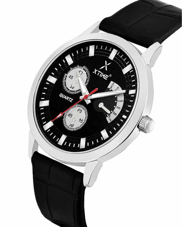 XTIME Analogue Watch Black Dial & Black Leather Look Resin Strap for