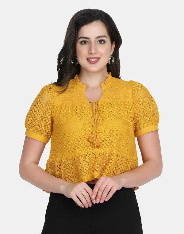 Parory Women Yellow Lace Lace Cotton Top (M) JioMart