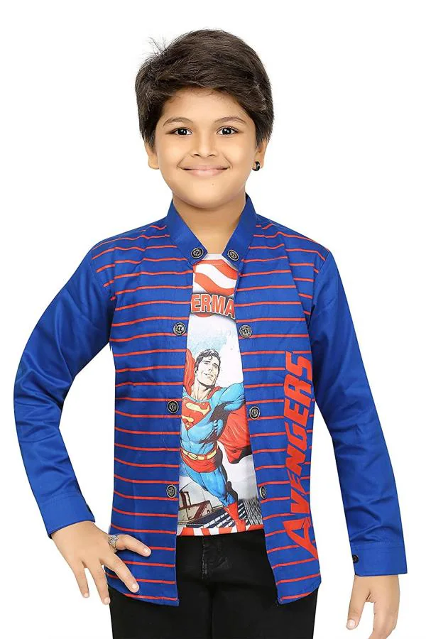 FASHION GRAB Boys Royal Blue Printed Cotton Jacket With Attached Tshirt