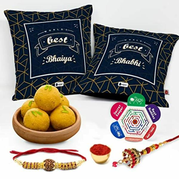 Indigifts Cushion Set, Ladoo with Card and Rakhi Gift Combo Set