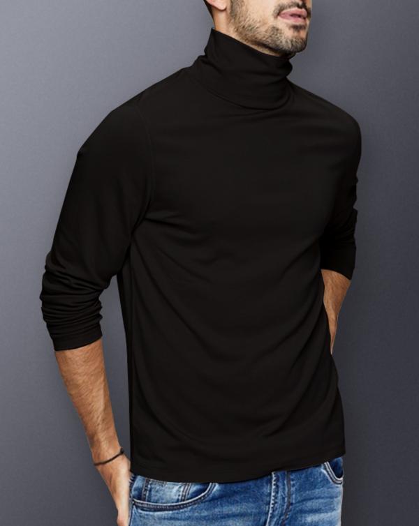 Noble Monk Men's High Neck Regular Fit Full Sleeves Solid Black TShirt