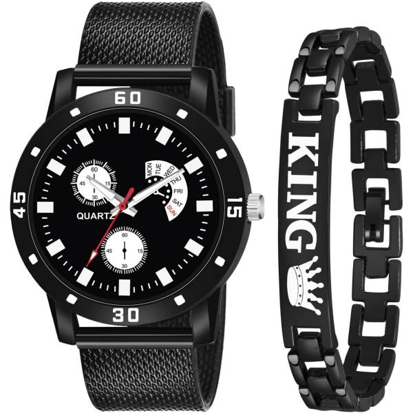 Casera Black Stainless Steel Strap Analog Wrist Watch for Men with King Bracelet (Pack of 2