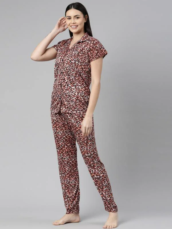 Loody'S Women Brown Animal Print Satin Night Suit Set (L) Satin