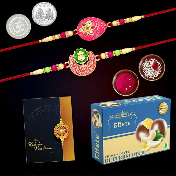 Deodap Multicolor Rakhi With Chocolate, Roli Chawal, Pair Of Pooja Coin