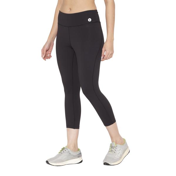 BODYACTIVE Women's Polyester Spandex Black Capri Yoga Pants with Pocket