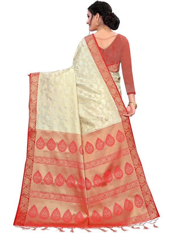 Leeza Store Women's White Red Silk Blend Jacquard Self Design Golden