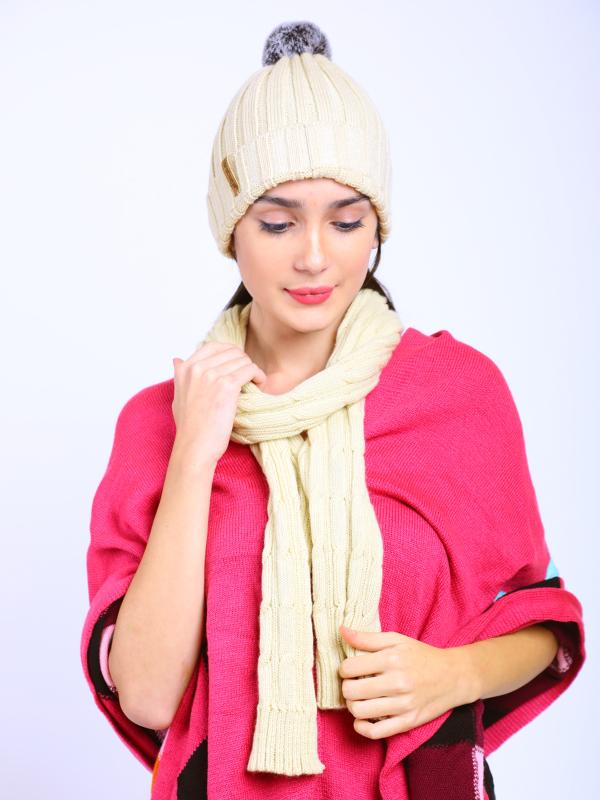 Bharatasya Cream Winter PomPom Cap and Muffler Set JioMart