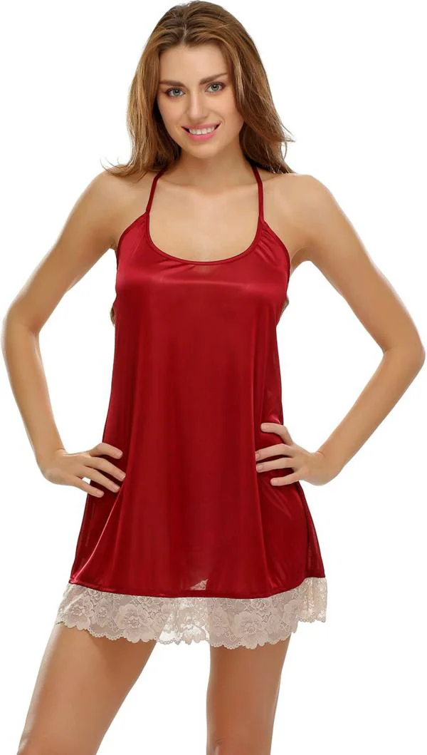 Clovia Maroon Solid Satin Babydoll Dress JioMart