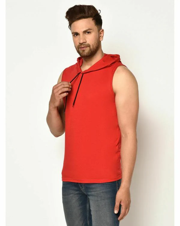 Glito Solid Red Sleeveless Hoodie Tshirts For Men's JioMart