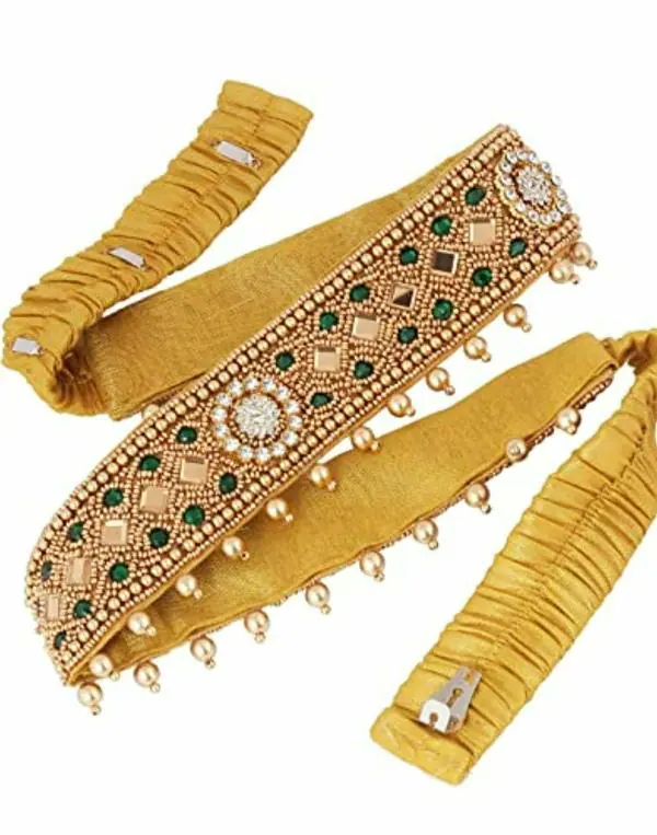 VAMA Traditional Green embroidery cloth waist belt for saree stretchable Belly Chain kamarband