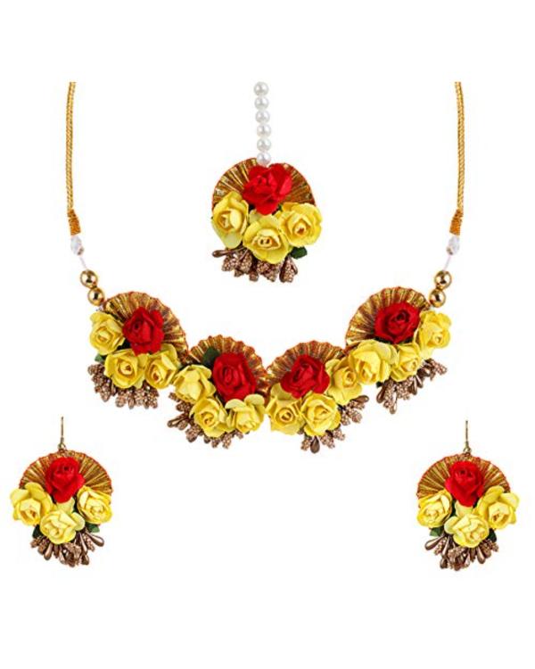 YouBella Women Jewellery Set for Women Floret Gota Patti Necklace, Earrings & Maang Tika for
