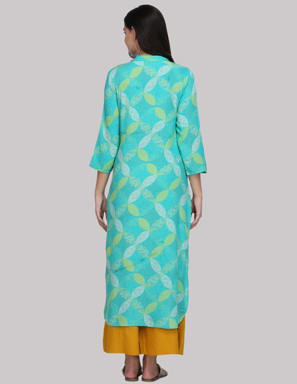 KSUT Sea Green And Lime Green Floral Printed 4 Botton Straight Kurta