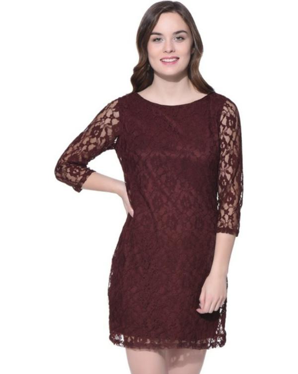 PURYS Women Maroon Floral Print Cotton Blend Dress JioMart