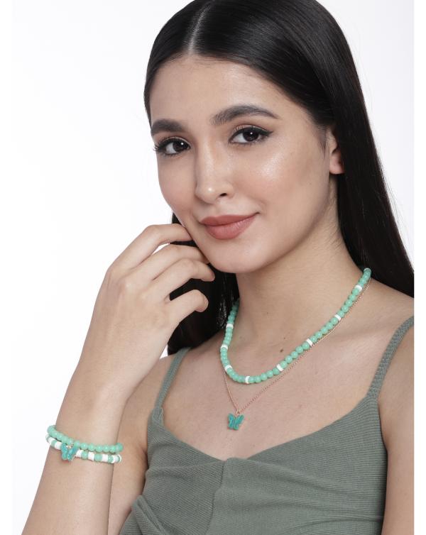 By Kord Store Mint Green Beads Chain Pendent And Bracelet Combo For Girls JioMart