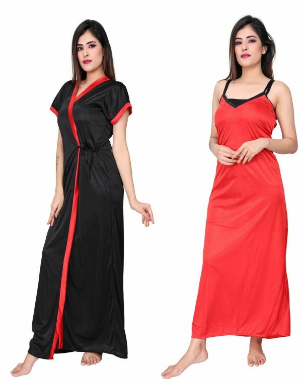 BAILEY SELLS Women Black and Red Solid Satin Nighty with Robe XL