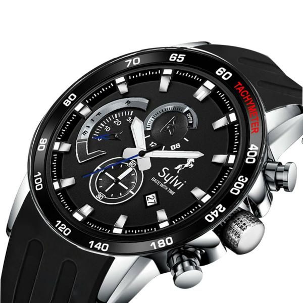 Sylvi MultiFunction Working Chronograph Black Dial Polyurethane Band