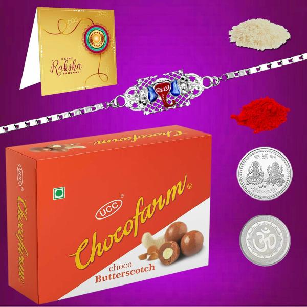 Deodap Multicolor Rakhi With Chocolate, Roli Chawal, Pair Of Pooja Coin