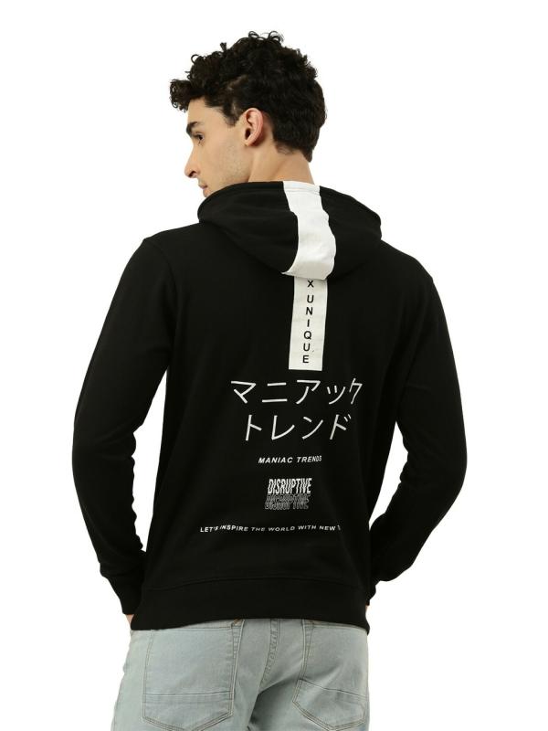 Maniac Printed Mens Full sleeve Hooded Neck Black and White Cotton Slim