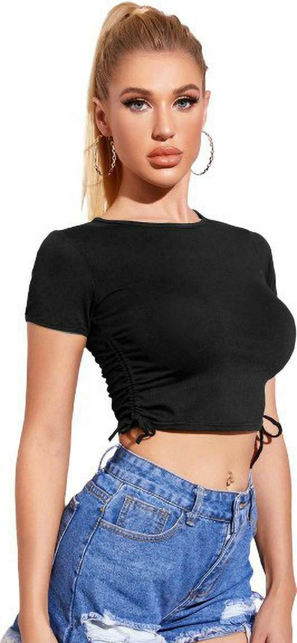 Anishq Women Black Solid Pure Cotton TShirt (L) JioMart