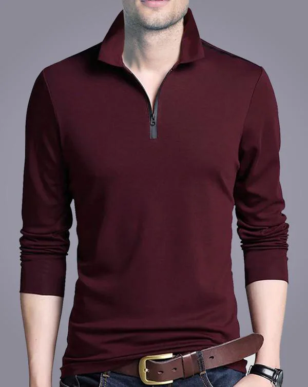 EYEBOGLER Men's Full Sleeves Collor Neck Regular Fit Solid Dark Red T