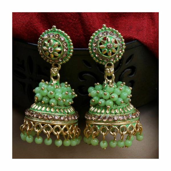 Antico Pearl and Diamond Studded Parrot Green Color Oxidized Jhumka for