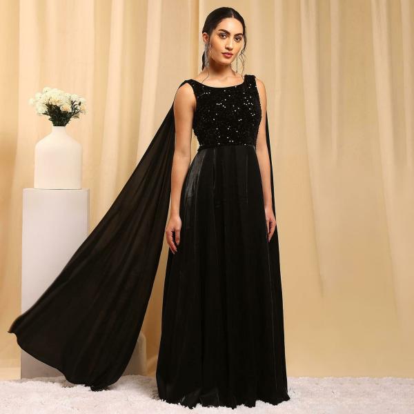 TRENDY DIVVA Women Black Embellished Velvet Gown Dress JioMart