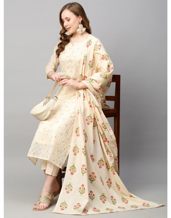 GoSriKi Women Cream Straight Floral Printed Kurta with Trouser