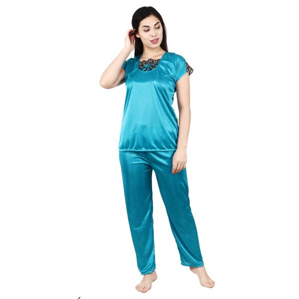 Night keys Women's Satin Plain/Solid Light Blue Night suit Top & Pajama