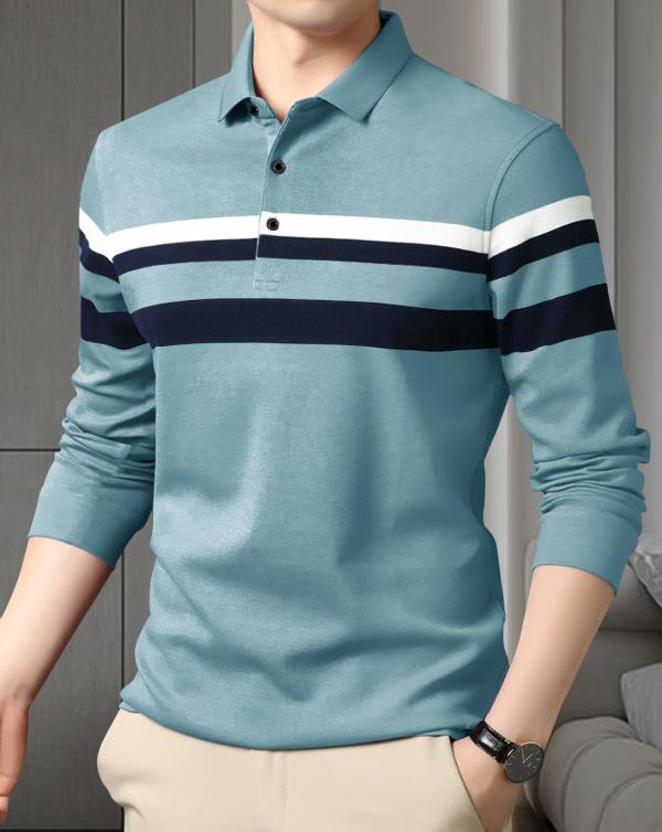 EYEBOGLER Men's Polo Neck Regular Fit Full Sleeves Striped Blue TShirt