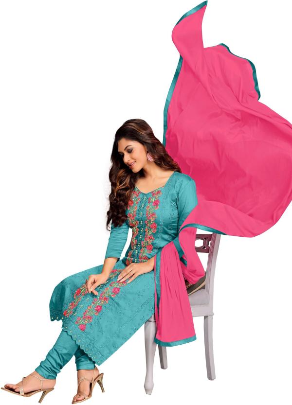 Sarvayog Fashion Women Turquoise Embroidered Cotton Dress Material