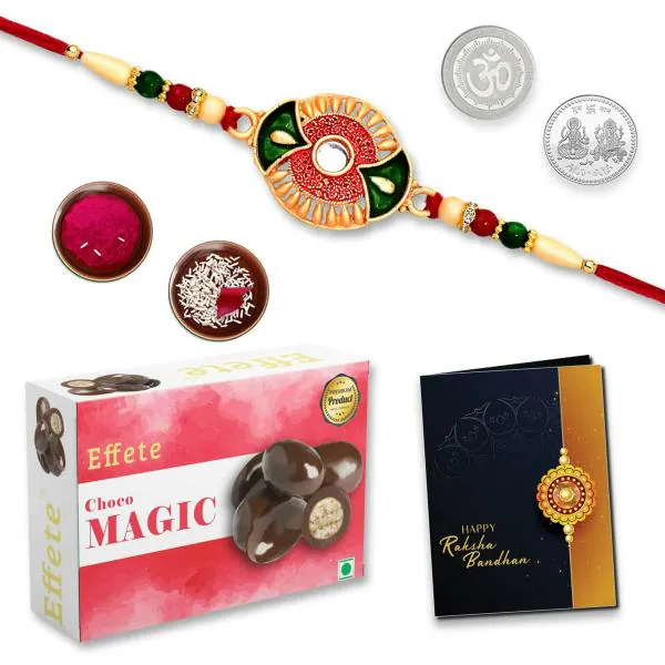 Deodap Multicolor Rakhi With Chocolates, Roli Chawal, Pair Of Pooja
