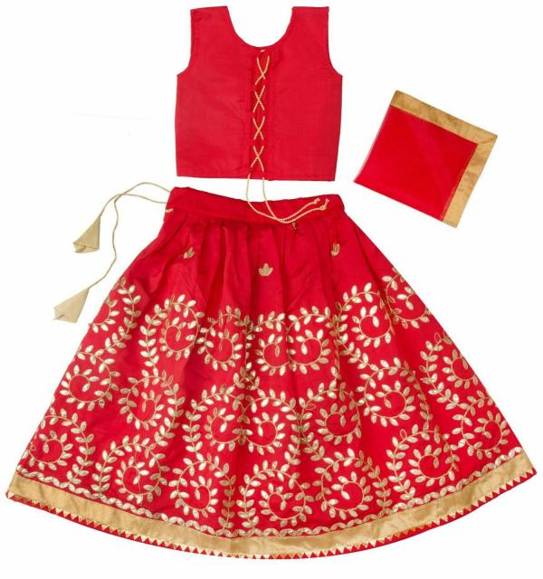 HARI CHARAN ENTERPRISE _ D9Kids Girls Red Embroidered Cotton Lehenga, Choli and Dupatta Set