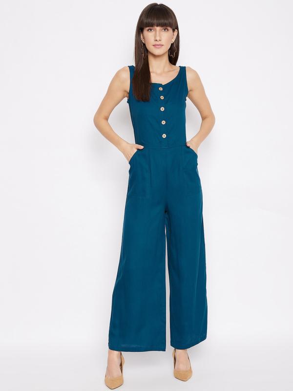 Purys Women Blue Solid Rayon Jumpsuit JioMart