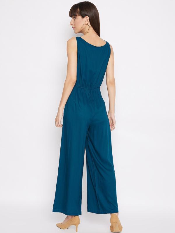 Purys Women Blue Solid Rayon Jumpsuit JioMart