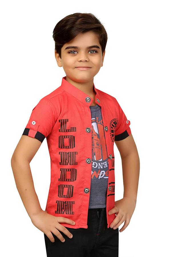 FASHION GRAB Boys Carrot Red Cotton Jacket With Attached Tshirt (7