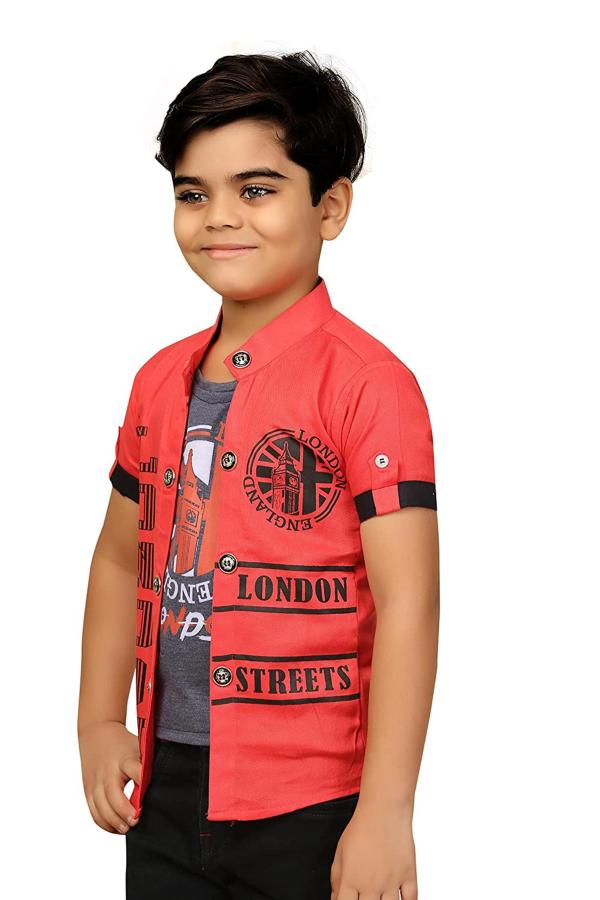 FASHION GRAB Boys Carrot Red Cotton Jacket With Attached Tshirt (7