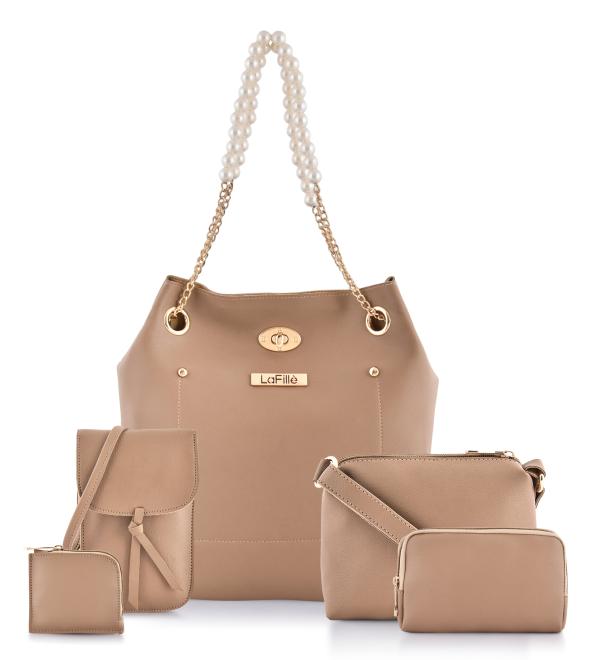 LaFille Beige Handbag For Women & Girls Set of 5 Combo Ladies Purse