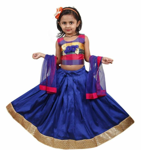 HARI CHARAN ENTERPRISE _ D9Kids Girls Navy Blue Checkered Cotton Lehenga, Choli and Dupatta Set