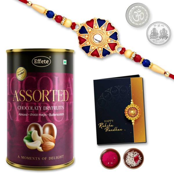Deodap Multicolor Rakhi With Chocolate, Roli Chawal, Pair Of Pooja Coin