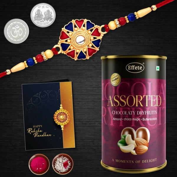 Deodap Multicolor Rakhi With Chocolate, Roli Chawal, Pair Of Pooja Coin