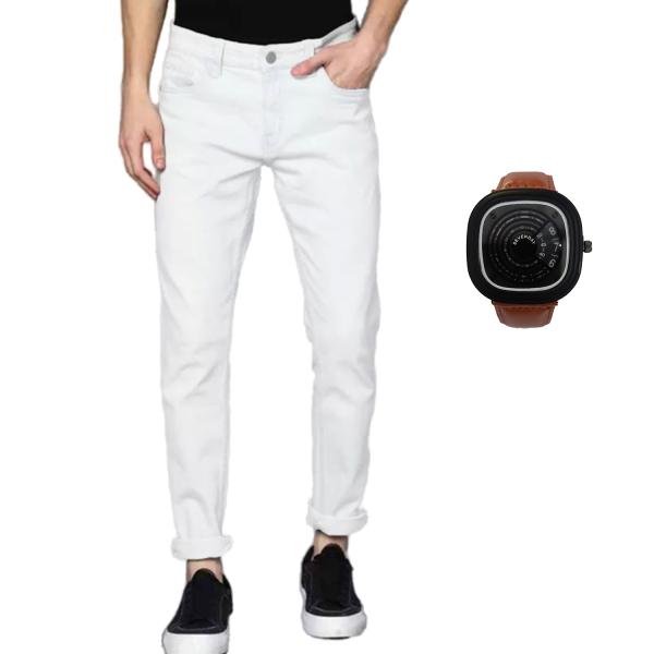 Xee Men's Slim Fit White Jeans With free watch JioMart