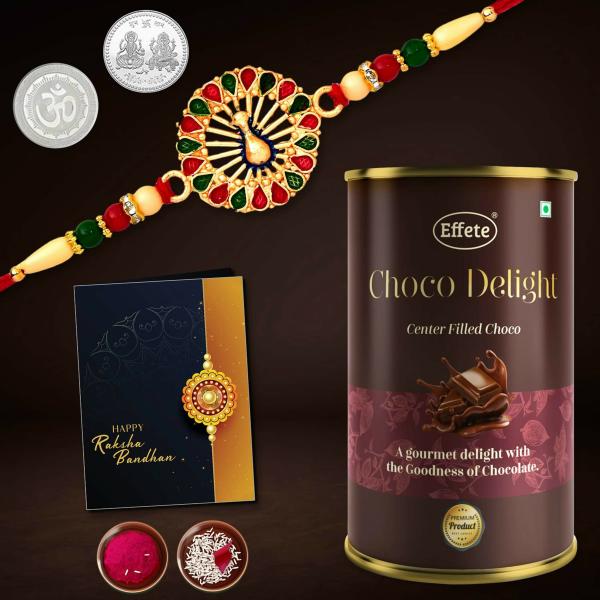 Deodap Multicolor Rakhi With Chocolates, Roli Chawal, Pair Of Pooja