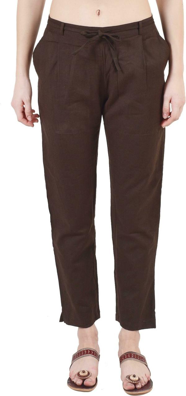 PISTAA Women Brown Solid Pure Cotton Pants JioMart