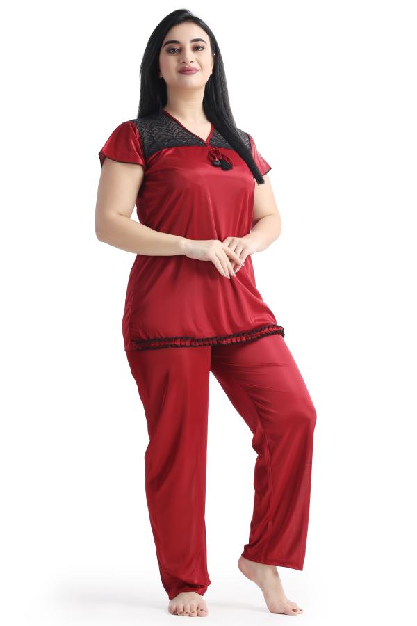 Come 4 Try Women's Satin Plain/Solid Pink Night suit. Top & Pajama Set