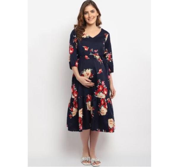 Moms Maternity Navy Blue Floral Crepe Maternity ALine Midi Dress JioMart
