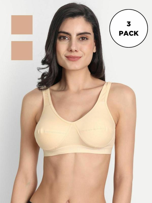 Aimly Women's Cotton Beige Pack of 3 NonPadded NonWired Sports Bra