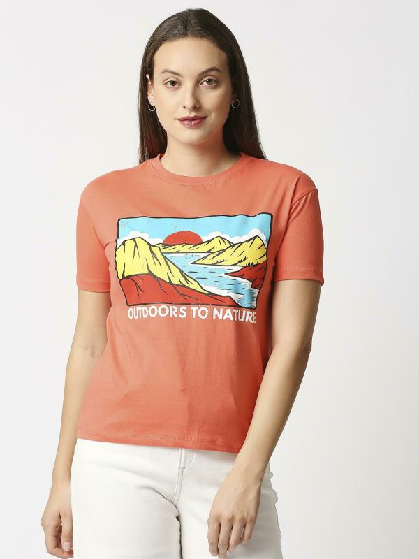 BLAMBLACK Women Orange Printed Cotton Jersey T Shirt ( XL ) JioMart