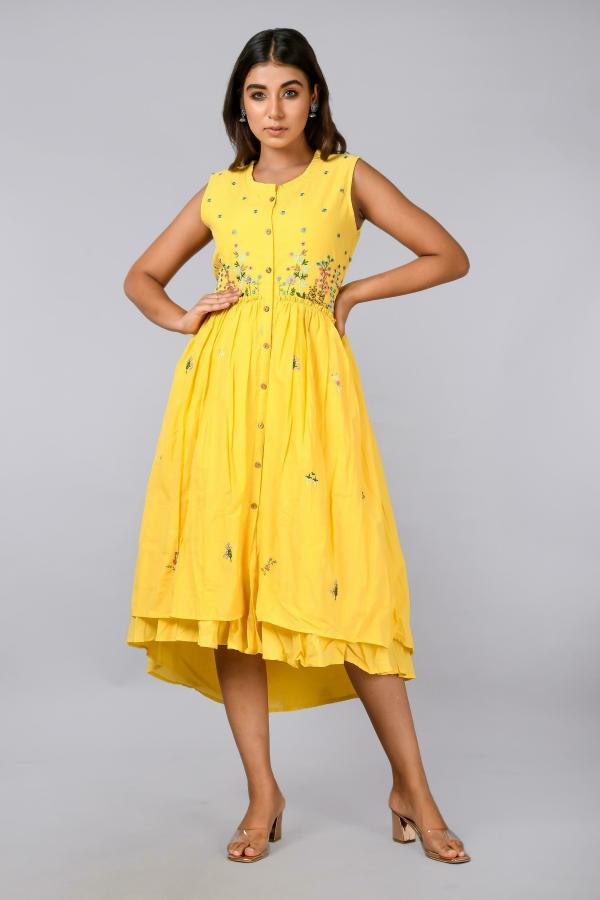 Fashion Dwar Women Yellow Embroidered Pure Cotton Dress (XL) JioMart