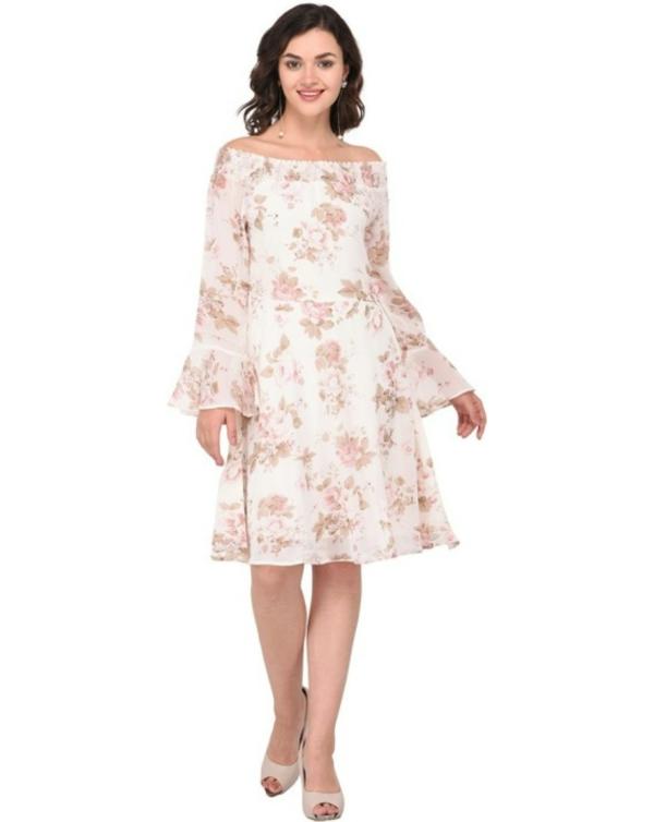 PURYS Women White Floral Print Cotton Blend Dress JioMart